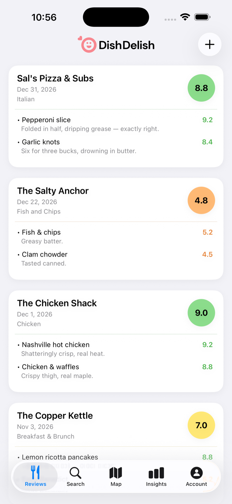The DishDelish reviews list showing restaurants with scores and highlighted dishes