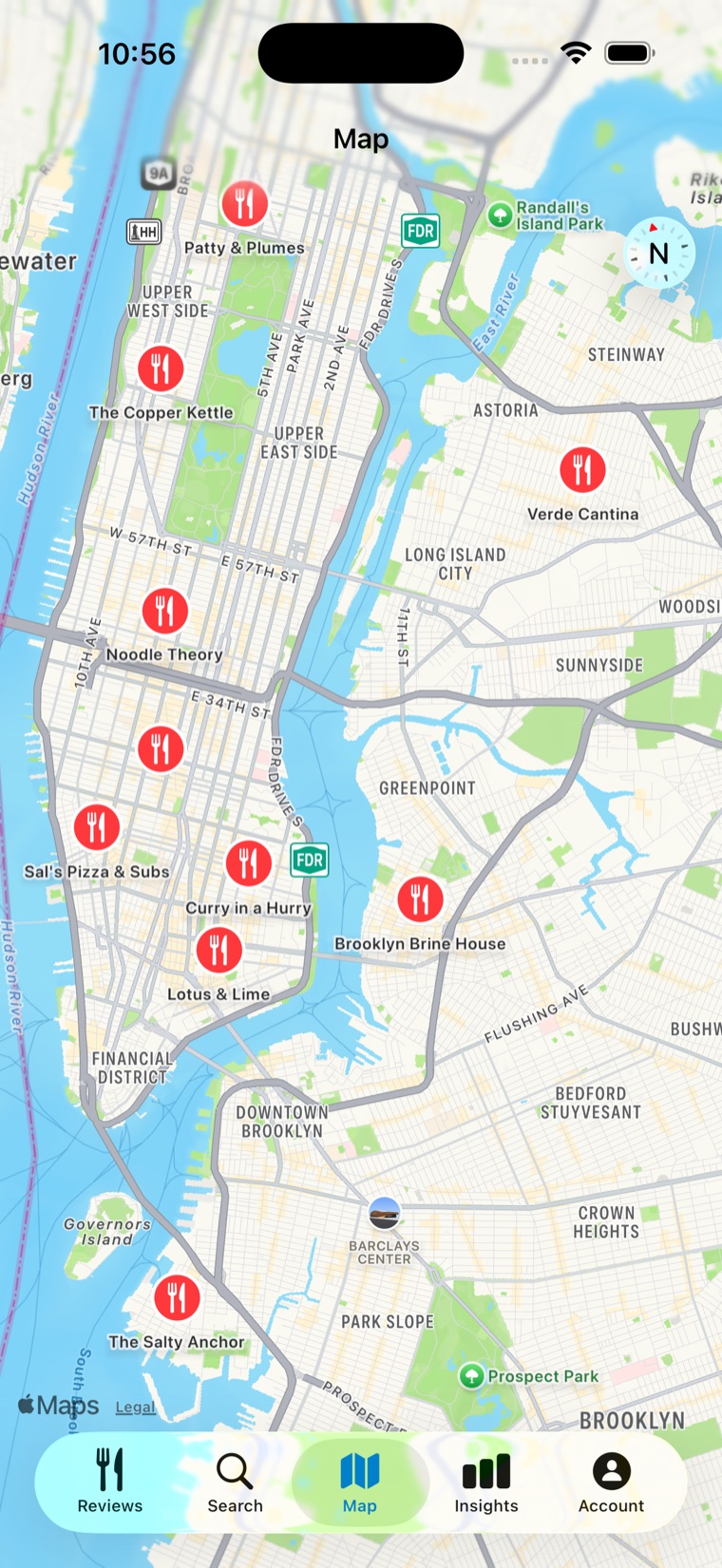 A map covered in DishDelish restaurant pins across a city