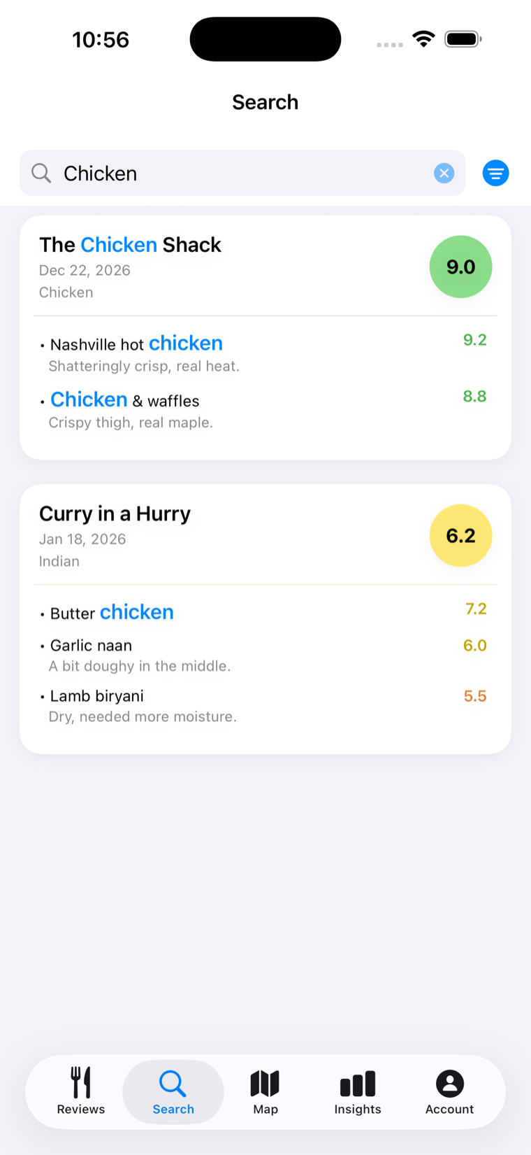 DishDelish search results with the matched term highlighted across dishes